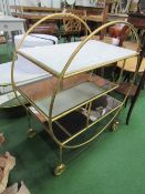 Gilt bamboo-effect serving trolley with marble top & 2 mirrored shelves beneath, on casters