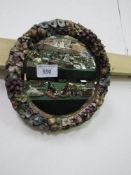 Circular wall mirror with floral & grapes applique decoration to frame, 14" diameter