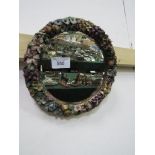 Circular wall mirror with floral & grapes applique decoration to frame, 14" diameter