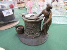 French Art Deco (1920) solid bronze Maiden at the Well figural tobacco jar with side pail for