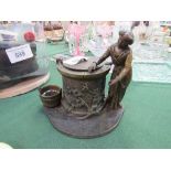 French Art Deco (1920) solid bronze Maiden at the Well figural tobacco jar with side pail for