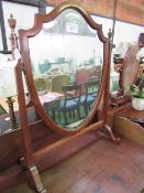 Large Edwardian mahogany shield-shape dressing table mirror with bevelled glass supported by