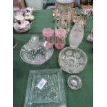 Qty of glass ware including a single green lustre & a pair of pink lustres, a cut glass vase & 2 cut