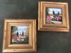 2 gilt framed small oil paintings signed Fion