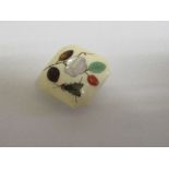 Square ivory button decorated with mother of pearl & stone inlay of flower & insect