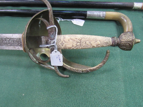 Large crested presentation sword with ivorine grip & ornate brass cup guard. The blade is heavily - Image 3 of 4
