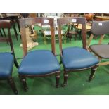 2 mahogany framed open back library chairs with blue leather-effect seats