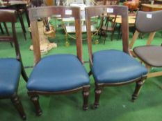 2 mahogany framed open back library chairs with blue leather-effect seats