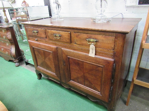 Continental fruit wood sideboard of 3 frieze drawers above preparation slide over double cupboard on