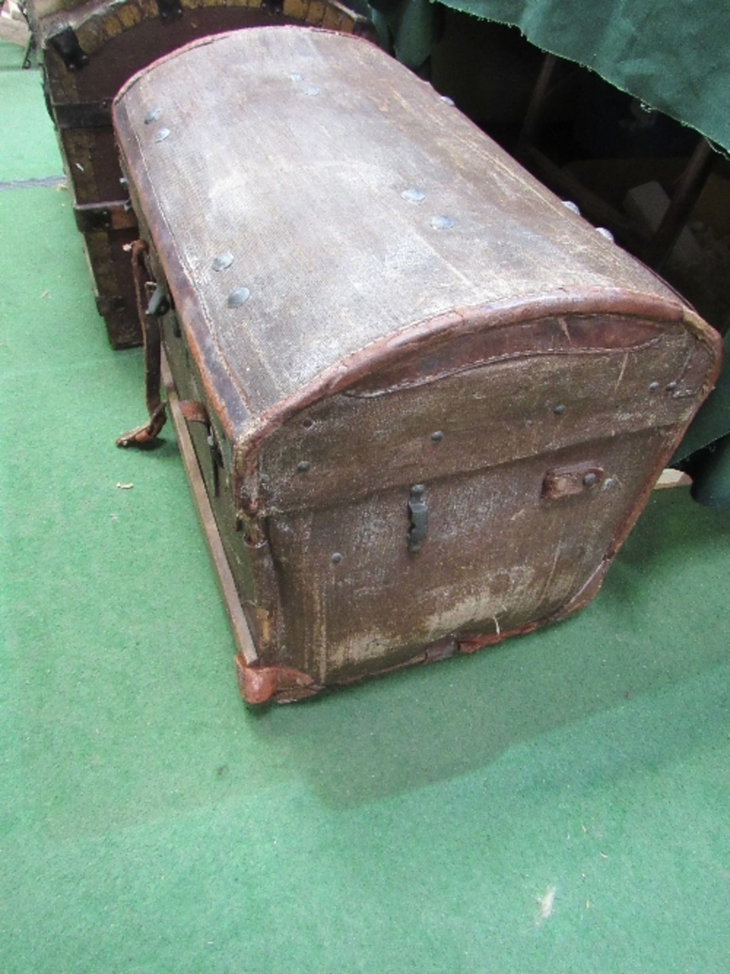 2 antique domed travel trunks, wood & leather bound with brass & bronze fittings, one with - Image 4 of 5