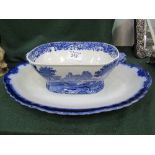Large Copeland Spode blue & white tureen (no lid) & a large blue & white meat dish by Handley, 20" x