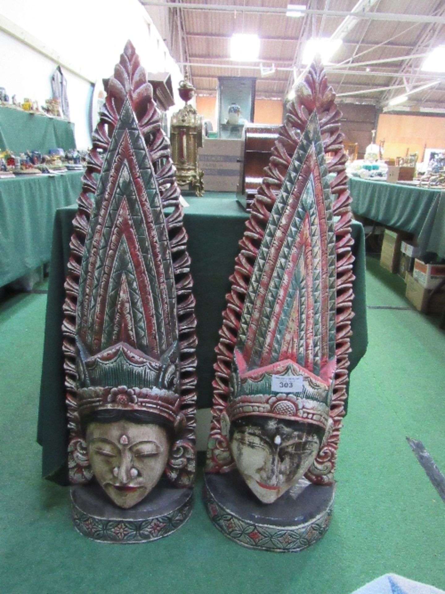 2 painted wood ethnic-style masks, 44" high