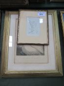 Gilt framed & glazed print of a lady at a piano & a framed & glazed drawing by Bourget, Sept 15,