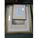 Gilt framed & glazed print of a lady at a piano & a framed & glazed drawing by Bourget, Sept 15,