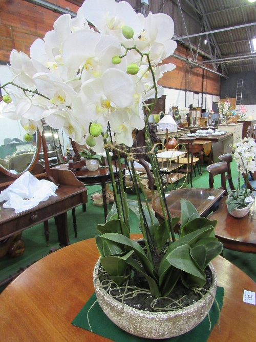 Large display of 6 artificial orchids in round stone-effect pot