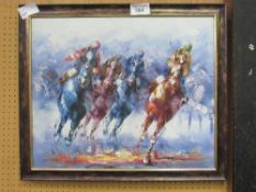 Framed oil on canvas of racehorses, signed David