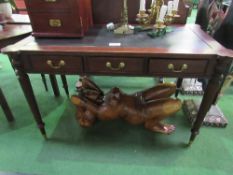 Mahogany writing table with leather skiver & 3 frieze drawers on tapered reeded legs, 49" x 26" x 30