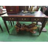 Mahogany writing table with leather skiver & 3 frieze drawers on tapered reeded legs, 49" x 26" x 30