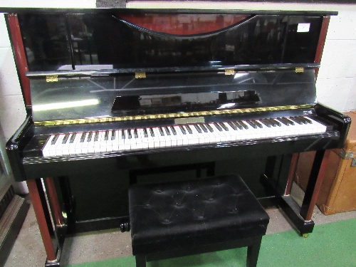 A Hemmington upright piano in gloss black finish with dark brown embellishments, on casters. Frame - Image 2 of 4