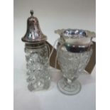 Cut glass sugar caster with silver top, London 1934 & cut glass vase with silver rim, Chester