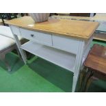 Slim painted side/display table with oak top, frieze drawer & shelf below, 44" x 15" x 31.5"