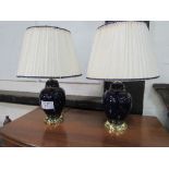 Pair of blue ceramic & brass table lamps & shades