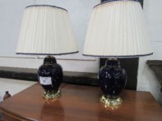 Pair of blue ceramic & brass table lamps & shades