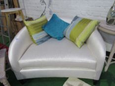 Small 2 seat sofa in cream silk-effect fabric with 3 scatter cushions, 45" wide x 40" deep