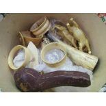 A tin of bone & mother of pearl pieces & a box of bone plus a Meerschaum pipe in its case