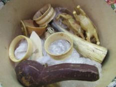 A tin of bone & mother of pearl pieces & a box of bone plus a Meerschaum pipe in its case