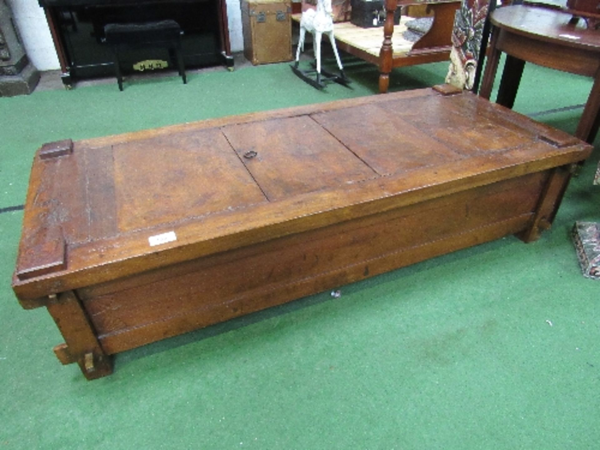 Antique Indonesian rice bed with central hatch door for access to internal storage, 72" x 31" x 17"