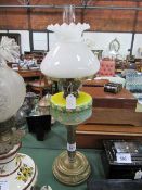 Tall Victorian brass column paraffin oil lamp with duplex burner, hand painted triple tone opaque