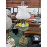 Tall Victorian brass column paraffin oil lamp with duplex burner, hand painted triple tone opaque