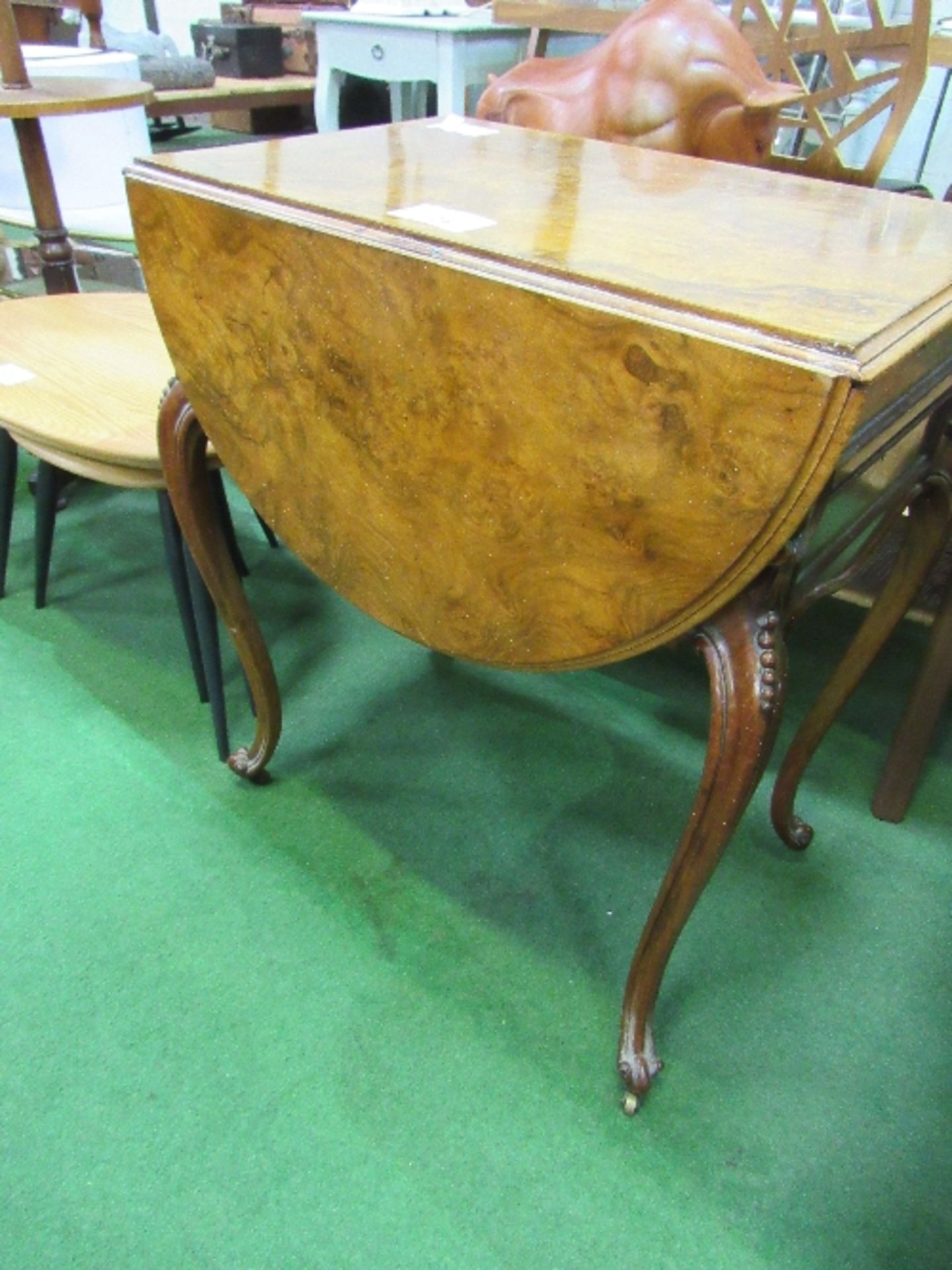 Antique walnut work table with drop sides & 3 drawers to end, on cabriole legs (one of which needs - Image 2 of 3