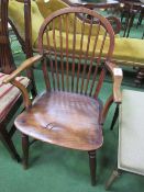 Early 19th century oak & elm farmhouse-style Windsor armchair with crinoline stretcher