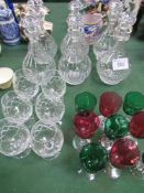 6 cut glass decanters, 6 brandy glasses & 9 coloured glasses