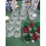 6 cut glass decanters, 6 brandy glasses & 9 coloured glasses