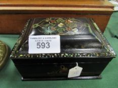 A Victorian papier mache jewellery box with profuse mother of pearl inlays & gilded pattern.