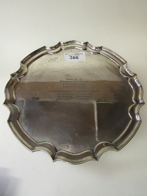 Circular silver presentation tray with pie crust edge, engraved 'Presented to Gilbert E C Beale on