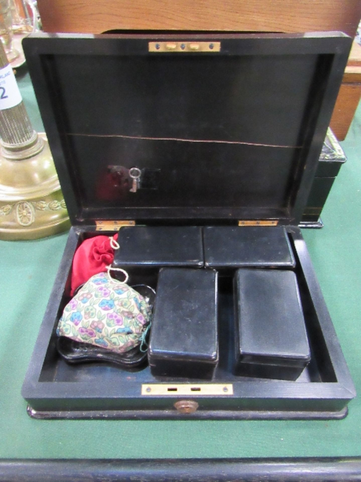 Rare late 19th century ebony wood box containing Mah Jong counters, locks & key, Counters are - Image 2 of 2