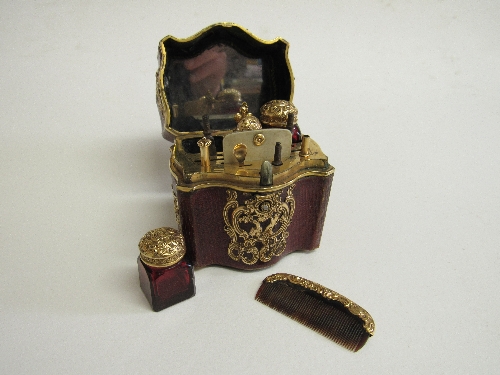 Early 19th Century miniature travelling set with gold metal decorations on red leather covered case, - Image 3 of 3