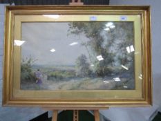 Large gilt framed & glazed watercolour of a lady in a country scene, signed Tatton Winter (William