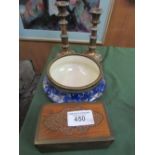 2 copper & silver plate candlesticks; a china bowl with metal rim & a carved wooden box