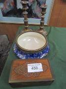 2 copper & silver plate candlesticks; a china bowl with metal rim & a carved wooden box
