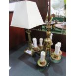 Heavy brass 6 arm chandelier & a brass-effect table lamp & shade