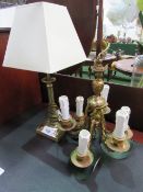 Heavy brass 6 arm chandelier & a brass-effect table lamp & shade