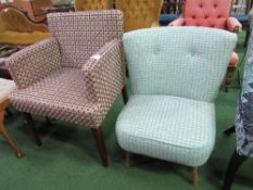 A Green & white dog's tooth upholstered low bedroom chair & a yellow/pink/brown upholstered