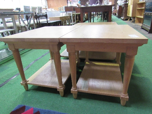 A pair of oak finish display tables, 25.5" x 19" (top) x 20" high