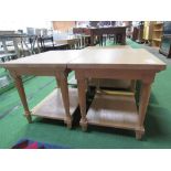 A pair of oak finish display tables, 25.5" x 19" (top) x 20" high