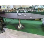 Dark hardwood long oval topped pedestal table, 96" x 48" x 29" high